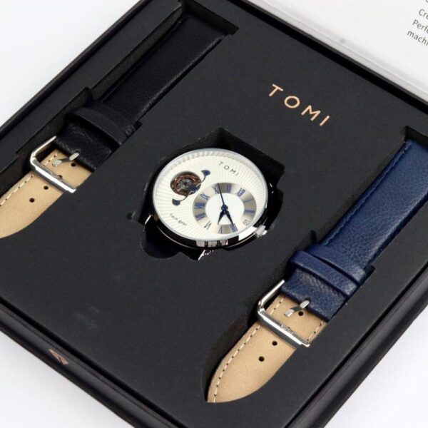 TOMI White Dial Tourbillon Watch with Black & Blue Leather Straps