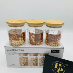 Home Plus 3-Piece Glass Jar Set with Bamboo Lids – 220ml