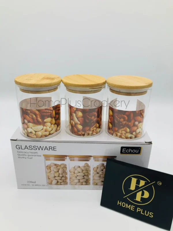 Home Plus 3-Piece Glass Jar Set with Bamboo Lids – 220ml