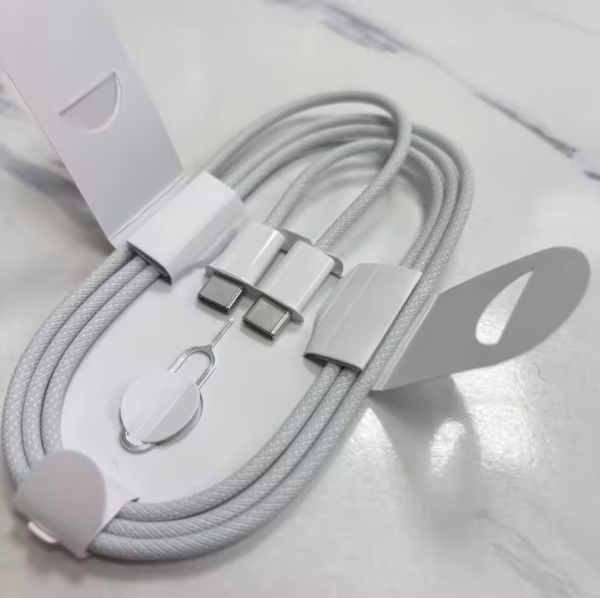 “Braided USB-C to USB-C Charging Cable with SIM Ejector Tool – Fast Charging Cable in Bulk Packaging by TML Mart Pakistan”