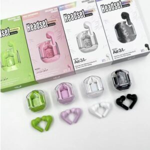 “Air31 Wireless Stereo Earbuds in Green, Pink, White, and Black with LED Display Charging Case – Available at TML Mart Pakistan”