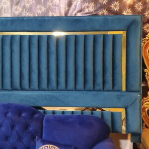 Royal Luxe Velvet Bed Headboard – Navy Blue with Golden Trim