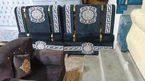 Imperial Black Velvet Bed Headboard – Greek Border Design with Gold Accents