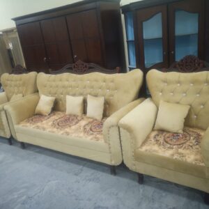 Classic Royal Velvet Sofa Set – 5 Seater with Carved Wooden Backrest