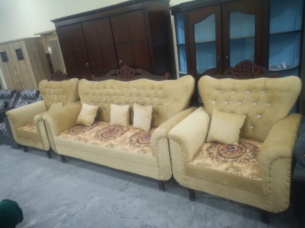 Classic Royal Velvet Sofa Set – 5 Seater with Carved Wooden Backrest