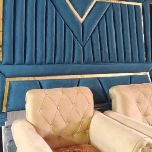Modern Royal Velvet Bed Headboard – Blue with Golden Accent