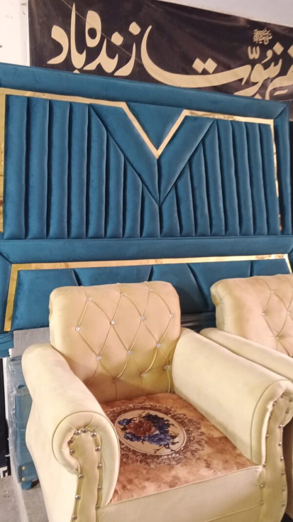 Modern Royal Velvet Bed Headboard – Blue with Golden Accent