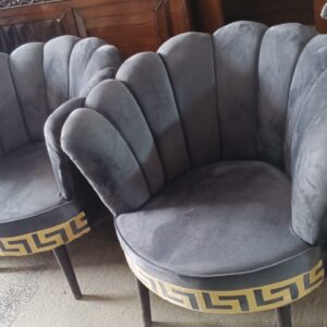 Modern Velvet Shell Chairs – Dark Grey with Golden Greek Border (Set of 2)