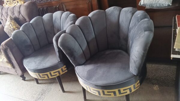 Modern Velvet Shell Chairs – Dark Grey with Golden Greek Border (Set of 2)