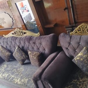 Majestic Royal Sofa Set – Velvet Fabric with Gold Carved Crown (5 Seater)