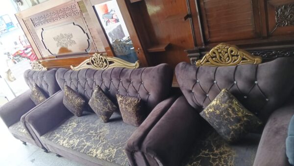 Majestic Royal Sofa Set – Velvet Fabric with Gold Carved Crown (5 Seater)