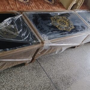 Royal Wooden Side Tables – Black Glass Top with Golden Motif (Set of 3)