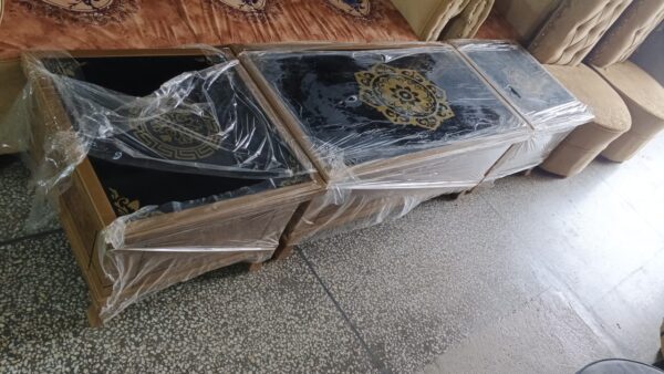 Royal Wooden Side Tables – Black Glass Top with Golden Motif (Set of 3)