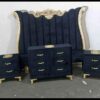 Royal Blue Velvet Bed Set with Golden Carved Headboard & Storage Drawers