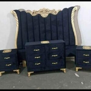 Royal Blue Velvet Bed Set with Golden Carved Headboard & Storage Drawers