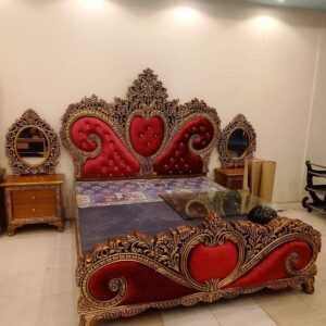 Majestic Royal Red & Gold Carved Bed Set with Matching Mirrors and Side Tables