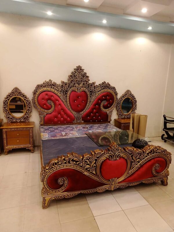 Majestic Royal Red & Gold Carved Bed Set with Matching Mirrors and Side Tables