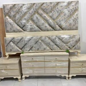 Elegant Cream-Tone Bed Set with Golden Accents & Storage Dressers