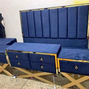 Luxury Blue Velvet Bed Set with Golden Base & Storage Drawers