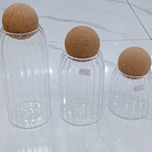3-Piece Ribbed Glass Jar Set with Round Cork Lids