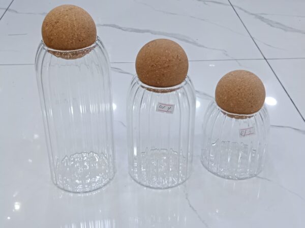 3-Piece Ribbed Glass Jar Set with Round Cork Lids