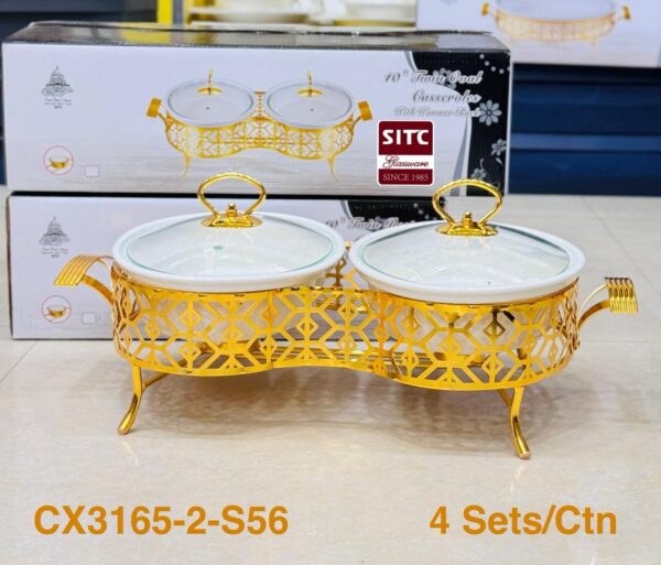 Twin Casserole Set with Metal Stand – Elegant Hotpot Server (2-Piece)