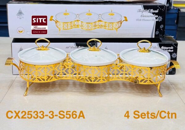 Triple Oval Casserole Set with Warmer Stand – 3-Piece