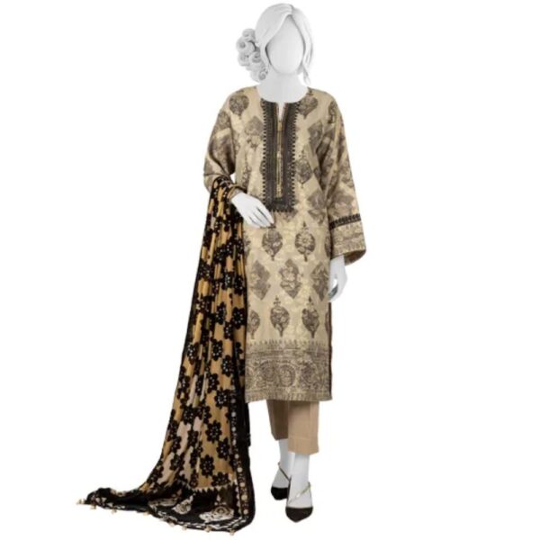 Women Beige Jacquard 2 Pc Stitched Suit (Shirt/Trouser)
